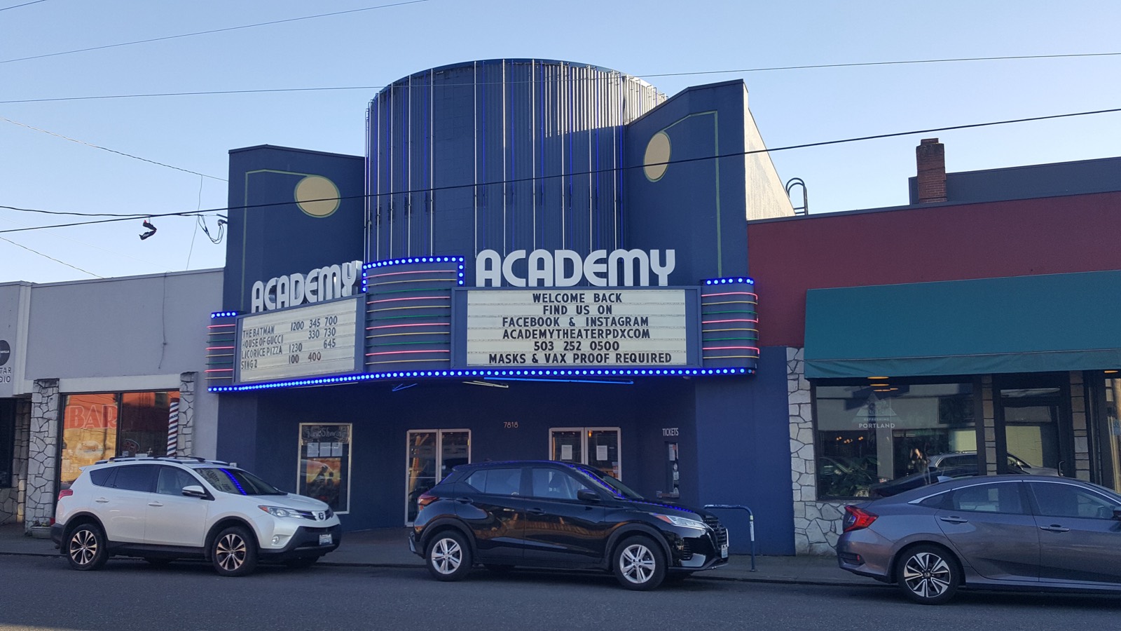 The Academy Theater's marquee on SE Stark Street in Montavilla
