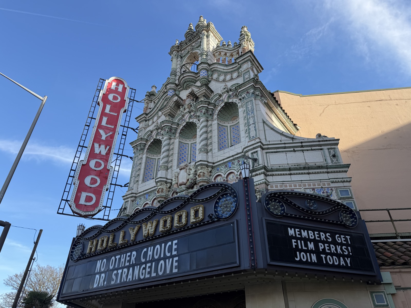The Hollywood Theatre's terra-cotta facade and marquee on NE Sandy Boulevard